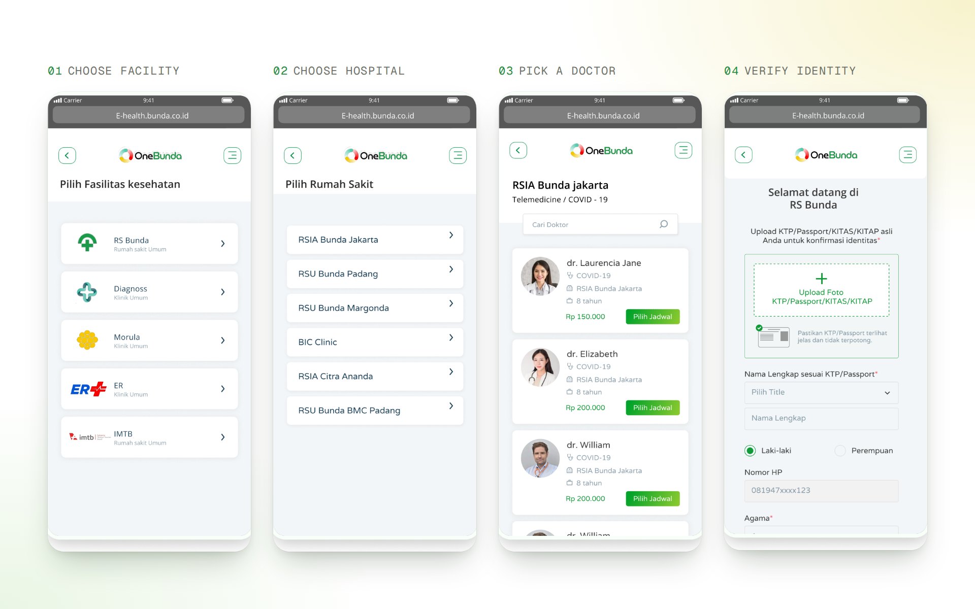E-Health PWA — Booking flow: facility, hospital, doctor and identity check
